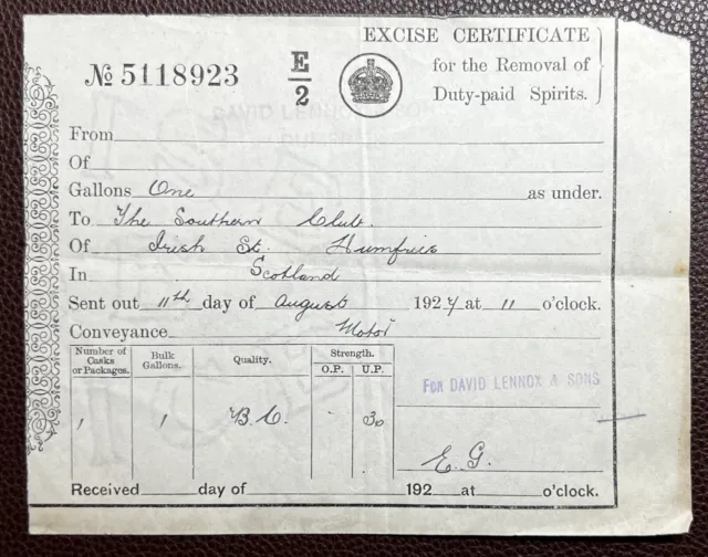 1927 Excise Certificate for Removal of Duty Paid Spirits David Lennox, Dumfries