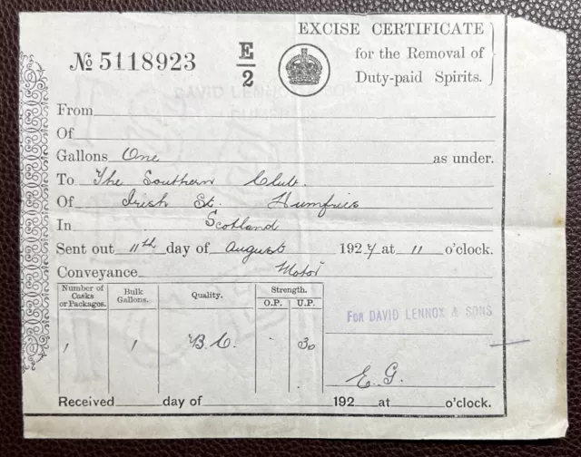 1927 Excise Certificate for Removal of Duty Paid Spirits David Lennox, Dumfries