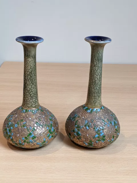 Vintage Pair Of Royal Doulton Slaters Long Neck Vases, Gilt Stoneware