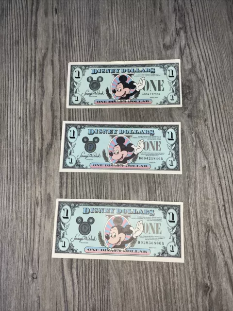 Disney Dollars 1$ Note Lot (3) Bills - 1987 Series + Two 1990 Series -Circulated