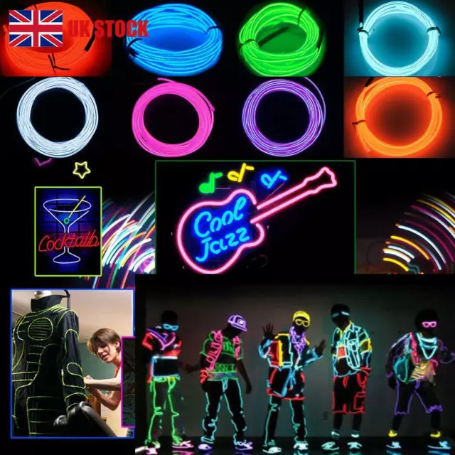 UK 1/3/5M Battery Operated Luminescent Neon LED Lights Glow EL Wire String Strip