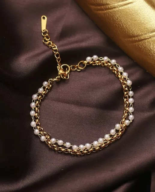 Bracelet Acier Femme Perles Blanches Doré Or Jaune Multi Rangs Multi Couches