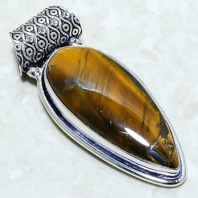 Tiger'S Eye Gemstone Handmade Ethnic Silver Jewelry Pendant 2.0" PLG5951