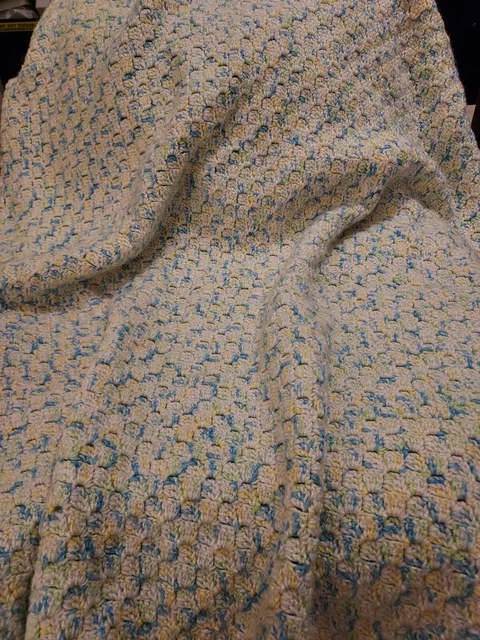 Vintage Hand-Knit Crochet Afghan Baby Blanket Throw Yellow Blue White 54" X 54"