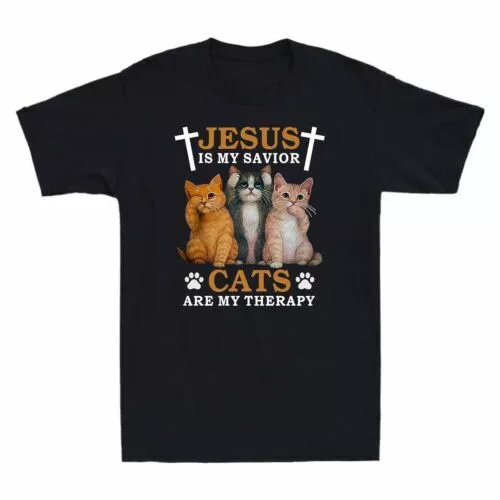 Jesus Is My Savior Cats Are My Therapy Christian Funny Cat Men's T Shirt Cotton