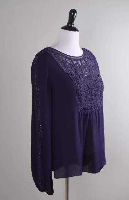 ELIE TAHARI $278 Purple Bead Embellished 100% Silk Semi Sheer Top Size Large 2
