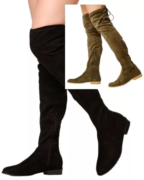 Ladies Black Thigh High Boots Womens Over The Knee Low Heel Lace Up Flats Shoes