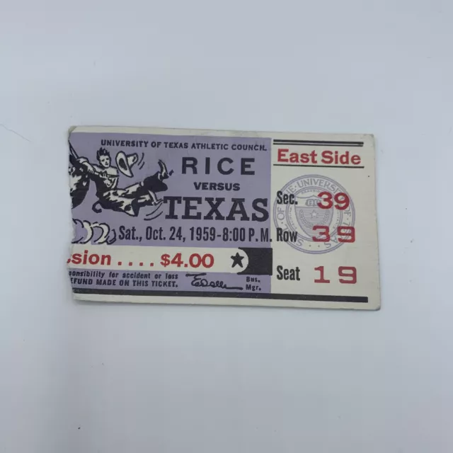 Vintage 1950s Rice vs. Texas Longhorns ticket stub - Oct 24, 1959 Torn
