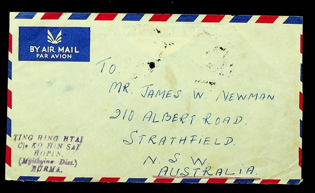 Burma Myanmar 1955 5v Luftpost Abdeckung Von Hopin Sich Strathfield Australien