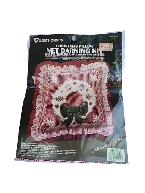 VTG Christmas Pillow Lace Net Darning Ruffle Pillow Kit Sealed Vogart Crafts