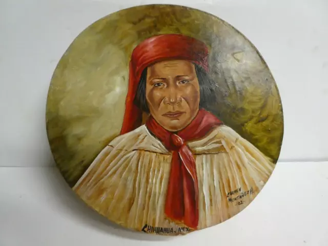 Native American Rawhide Painting Tarahumara Drum Chihuahua Mexico Artist Signed