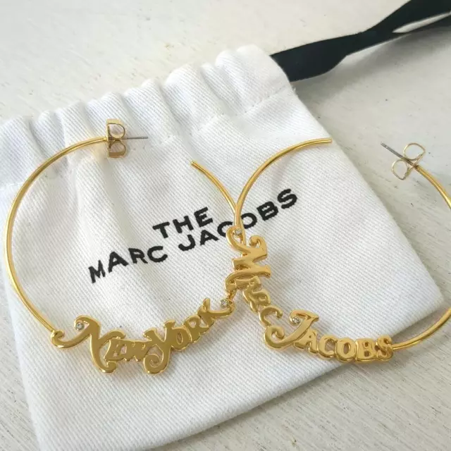 Marc Jacobs Logo Crystal Rhinestone Earrings Gold Tone Used from Japan 2