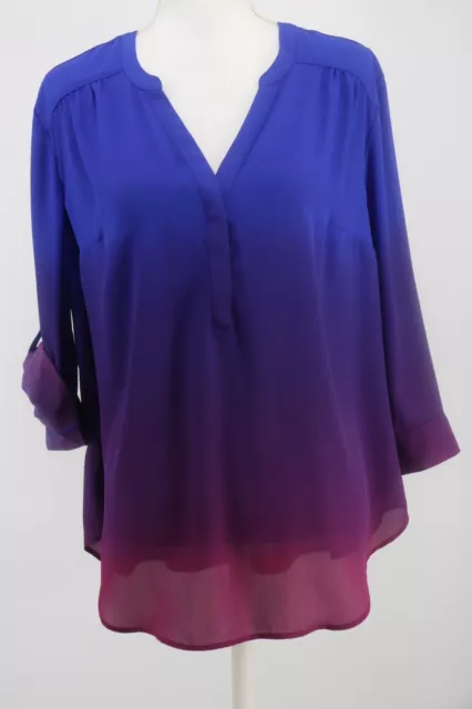 Torrid Harper Blouse Womens Plus 1X Blue Purple Ombre V-Neck Roll Tab 3/4 Sleeve