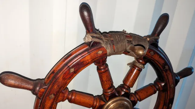 Original Irish Trawler Ships Wheel Brass Wood Steering Very Rare Unique Antique 3