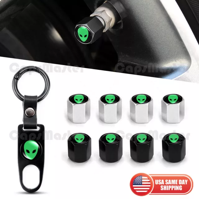 Universal Car Wheels Tire Valve Dust Stem Air Cap Keychain Ring UFO Alien Logo