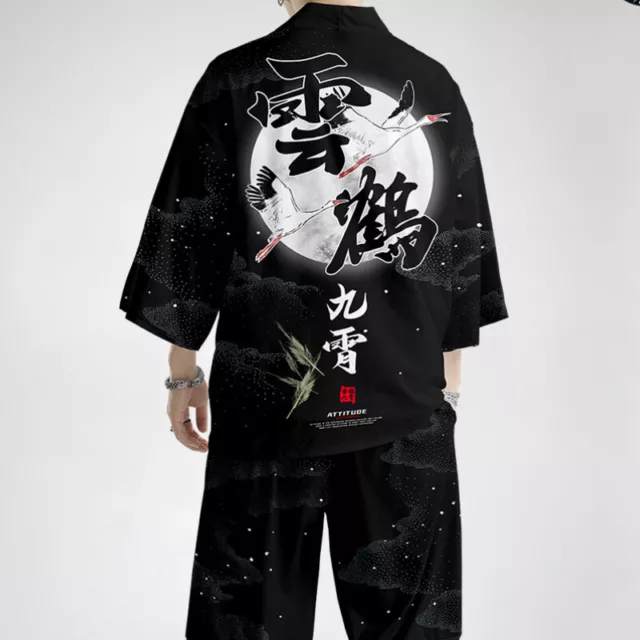 Uomo Casual Crane Kimono Cappotto Giacca Top Pantaloni Giapponese Larga Estate