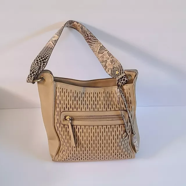 Sondra Roberts Squared Tan Perforated Shoulder Bag