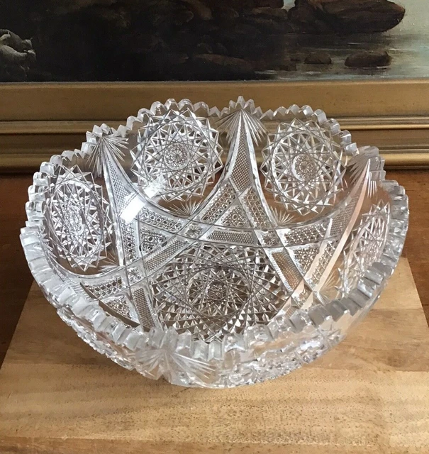 Antique AMERICAN BRILLIANT ABP Deep Cut CRYSTAL GLASS BOWL 7 Hobstars SAWTOOTH