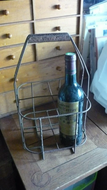 vintage French Metal Wine  4 Bottle Carrier with Handle, Wine Bottle Rack Caddy