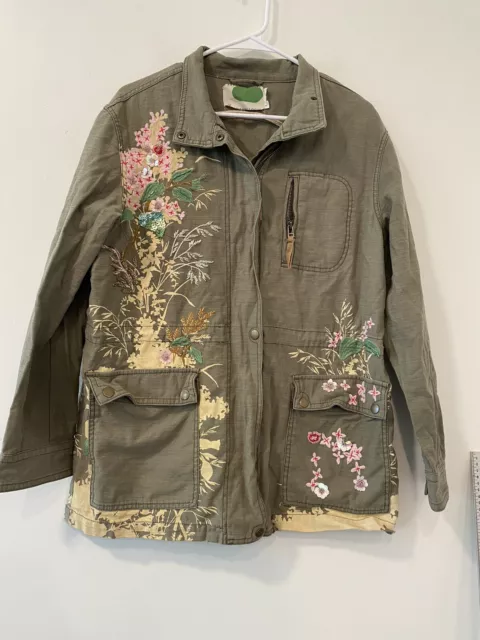 Anthropologie Jacket Embellished Military Green Floral Pink Beaded Bleached