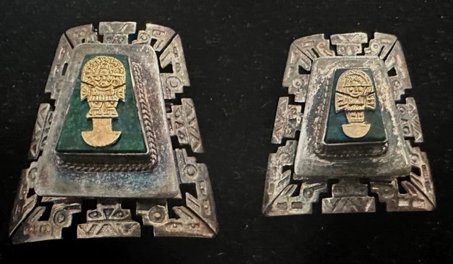 2-Vintage Sterling Silver Pins/Pendants 3-Layer Malachite Aztec Tribal Mask