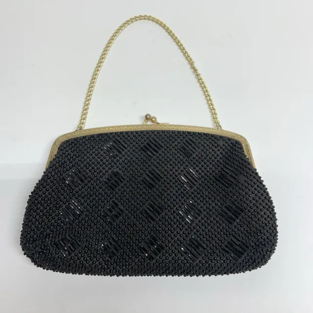 1960s VTG Beaded Clutch Black Hideaway Gold Chain Cocktail Wedding Purse