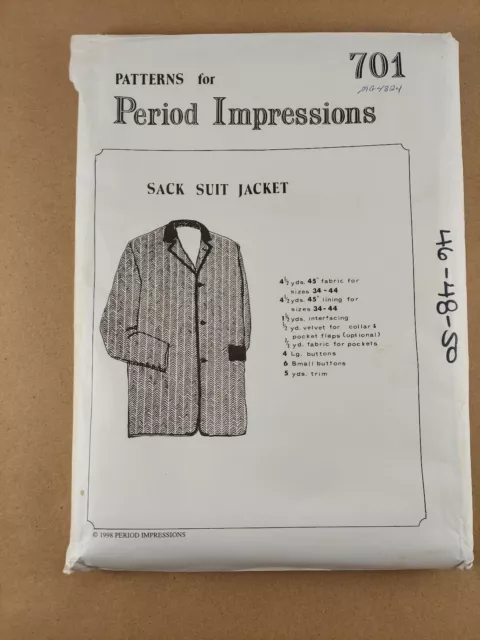 Period Impressions Sewing Pattern 701 Sack Suit Jacket History Reenactment UNCUT