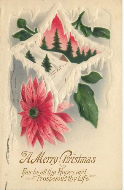 Christmas Series Postcard 113 Heavily Embossed Poinsettia & Icicle Vignette