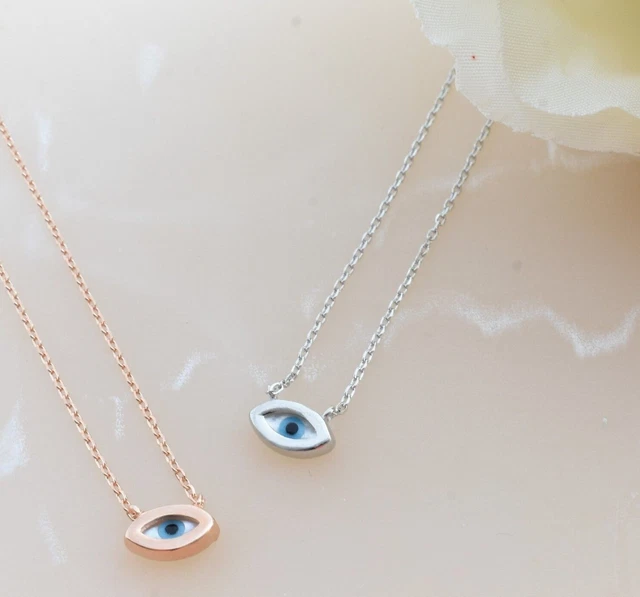 Evil Eye 925 Sterling Silver Dainty Shell  Rose Gold Greek Turkish Necklace