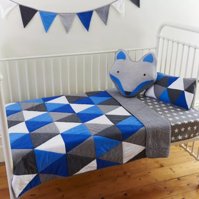 4pc Leo Boys Blue Cot Coverlet 2 Cushions & Bunting Flags Baby Nursery Package