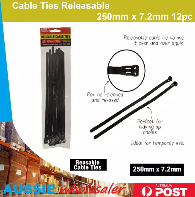 Cable Ties Releasable 250mm 12pc Nylon Plastic Reusable Zip Wraps Ratchet Wire