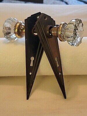 Antique Glass & Brass Door Knob Set W/Matching Metal Backplates & Hardware ~ B