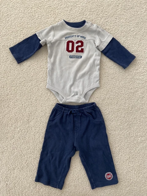 carters Baby Boy 2 Piece Set Gray Shirt Blue Pants Property Of Mom Size 12 Month