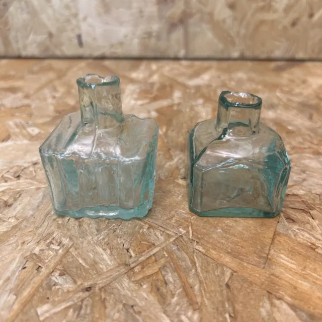 2 x Antique Vintage Green Glass Square Ink Well Bottle