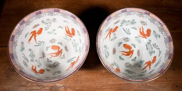 Antique Pair of Chinese Enameled Porcelain Koi Fish Bowls - VERY LARGE + HEAVY -