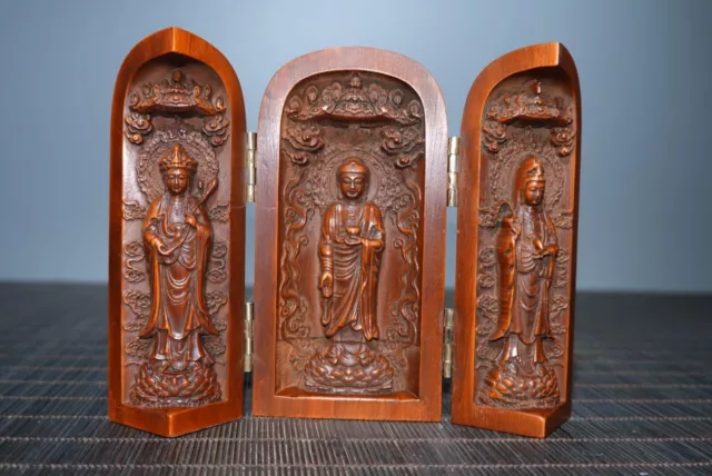 4" Chinese Natural Boxwood Hand Carved Exquisite Three Open Box B4