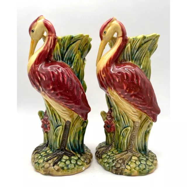 Vtg. Pair Majolica Heron Vases Unmarked