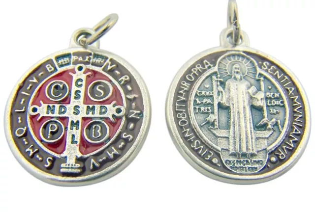 Saint St Benedict Medal 7/8 Inch Silver Tone Brown and Red Enamel Pendant