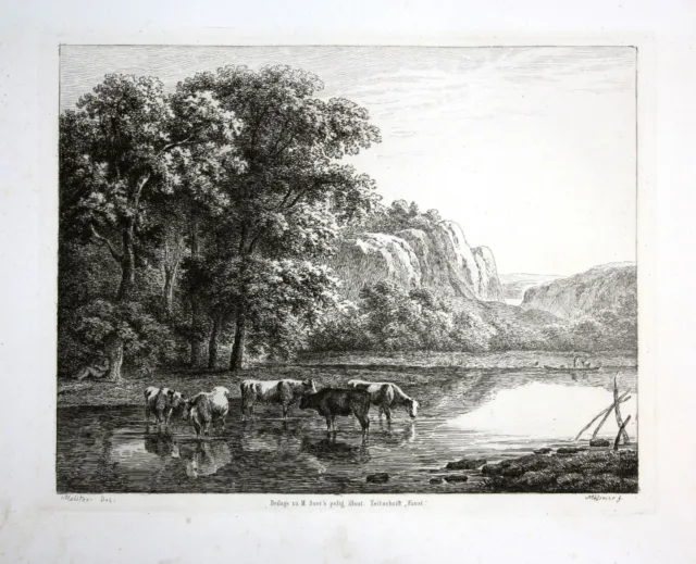 1856 Paisaje Vacas Lago Sea Aguafuerte Etching