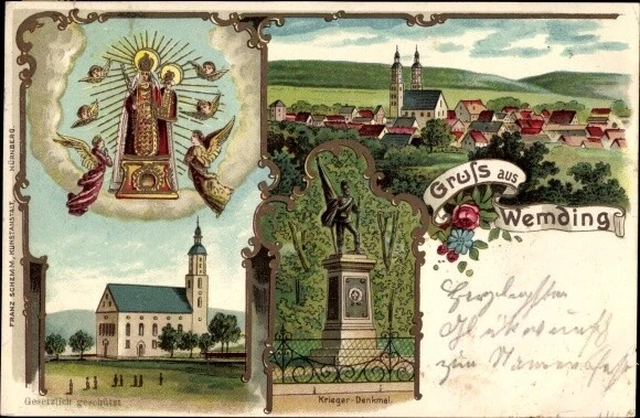 Litho Wemding im schwäbischen Kreis Donau Ries, Kriegerdenkmal,... - 10082481