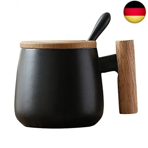 Keramik Kaffeebecher Tasse mit Deckel und Löffel große kaffeetasse xxl 400ml, T