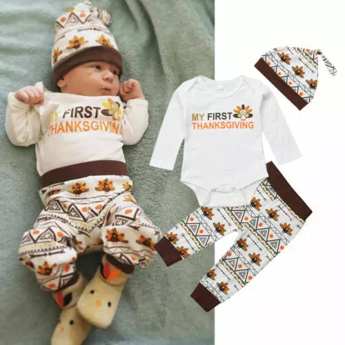 Newborn Infant Baby Thanksgiving Turkey Clothes Kids Boy Girl Romper Tops+Pants