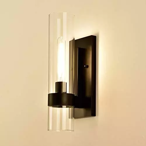 1light Vanity Wall Light Bathroom Black Arm Sconce With Cylinder Clear Glass For
