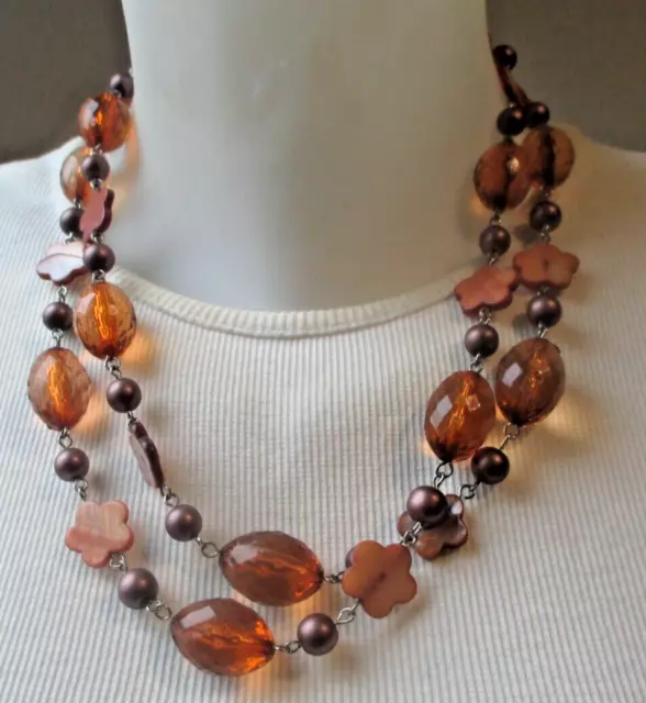 Grand collier sautoir perles résine orange à facettes marron bijou vintage 5505