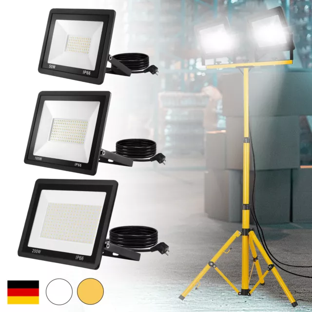 2x 50/100/200W LED Fluter Strahler Baustrahler Scheinwerfer mit Stativ & Stecker