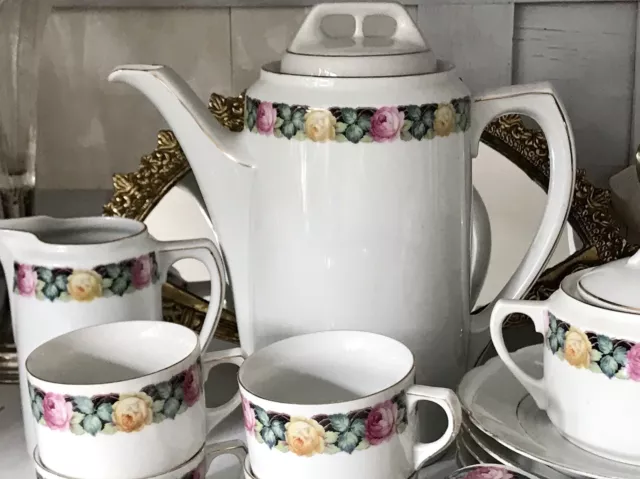 Antik Jugendstil Art Déco Porzellan Kaffeeservice Rosen Blumendekor Goldrand 3