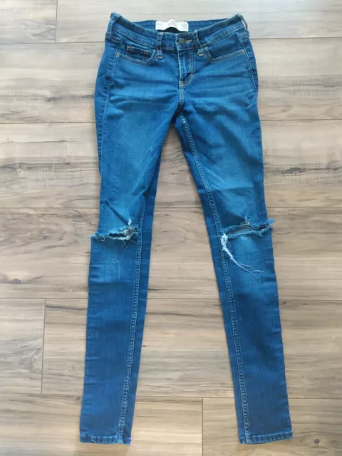 HOLLISTER SUPER SKINNY High Rise Jeans Blue Denim Distressed Size