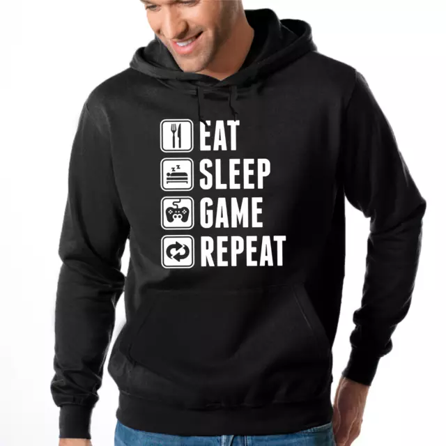 EAT SLEEP GAME REPEAT Gamer Zocker Admin detti divertimento divertente felpa con cappuccio