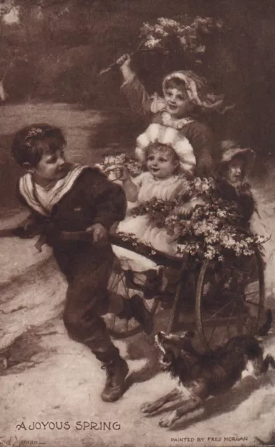 Artist Signed Boy Pulling Children in Cart with Dog Spring Children Postcard