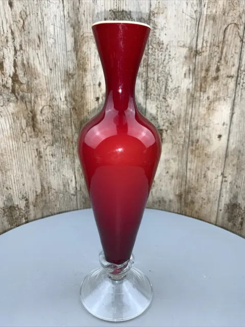 Deep Blood Red Cased Glass Bud Vase With Clear Stem Footed Vase Vintage 24cm